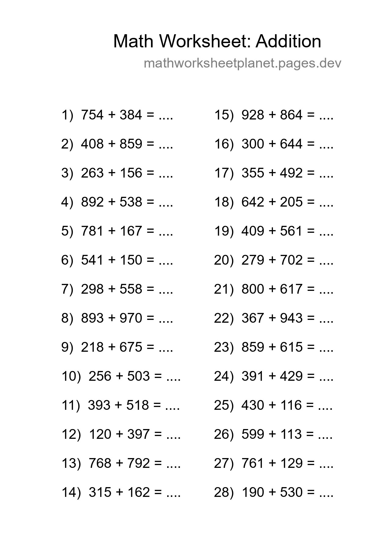 Printable Free 28 Addition Math Worksheet For Grade 5 - Part 181