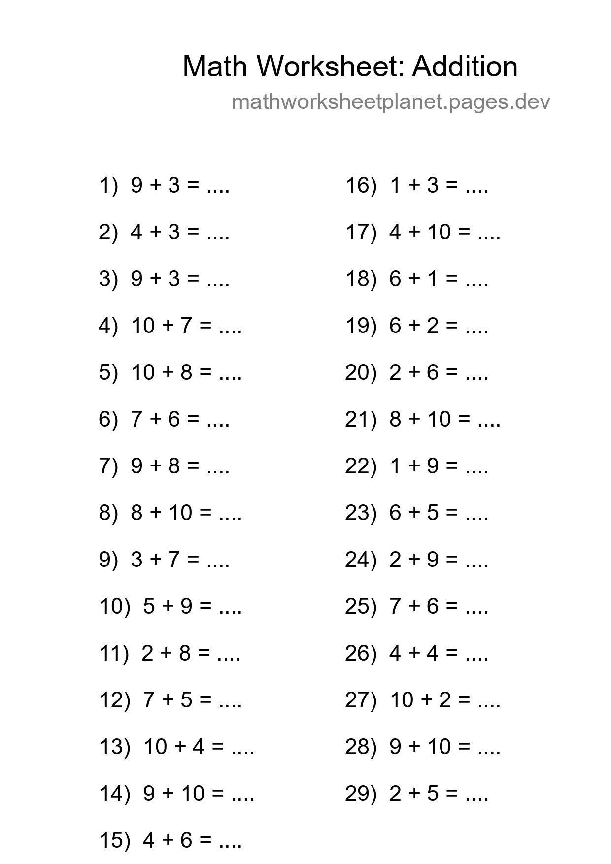 Printable Free 29 Addition Math Worksheet For Grade 1 - Part 11