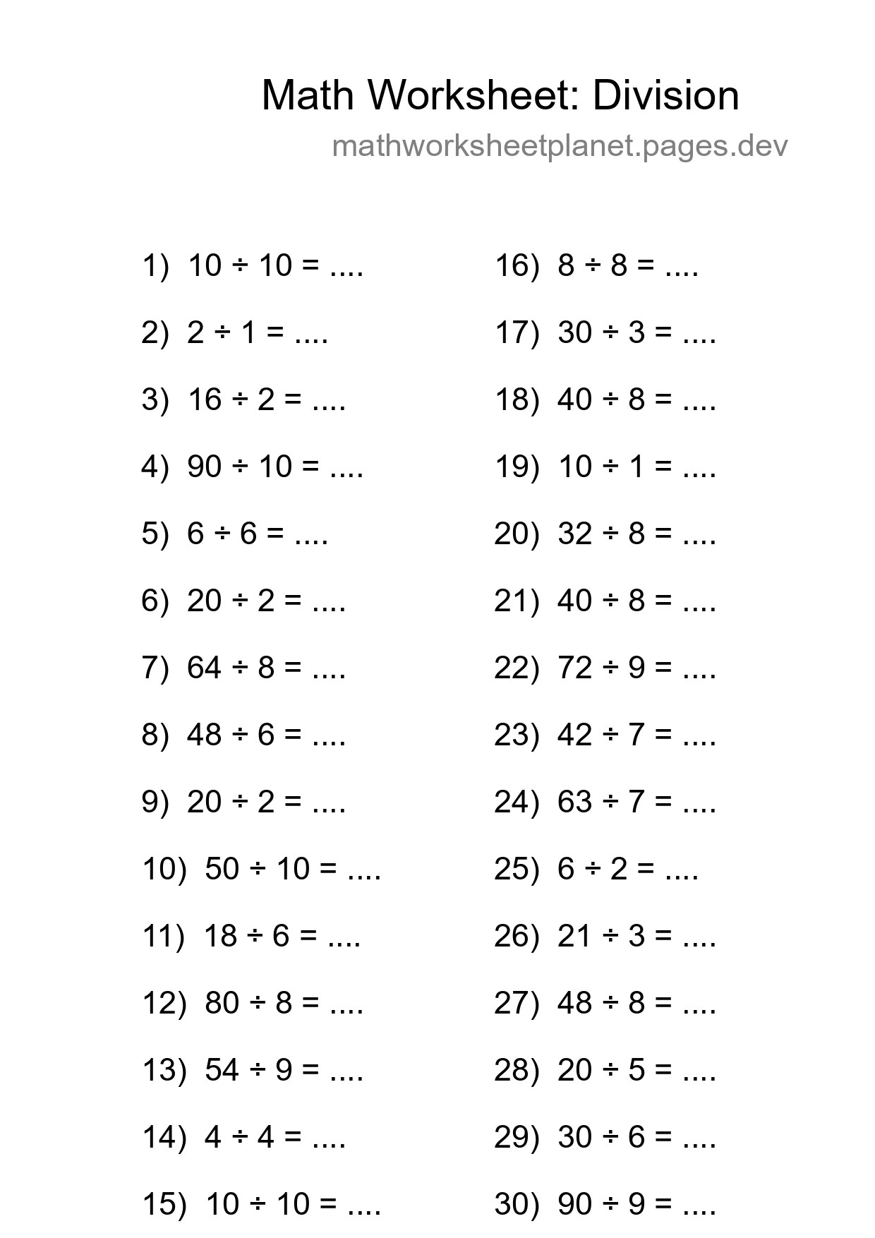Printable Free 30 Division Math Worksheet For Grade 1 - Part 184