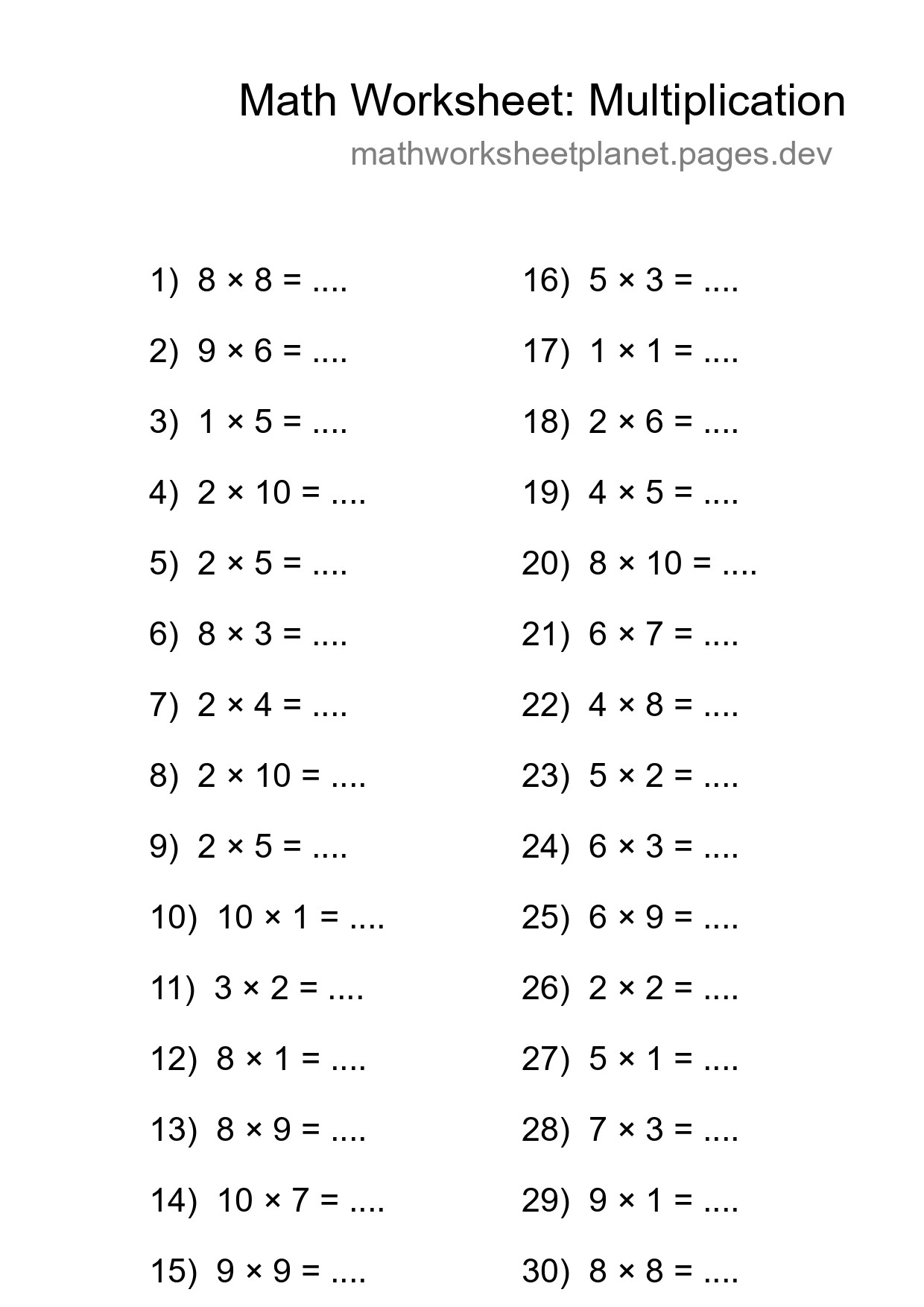 Printable Free 30 Multiplication Math Worksheet For Grade 1 - Part 17
