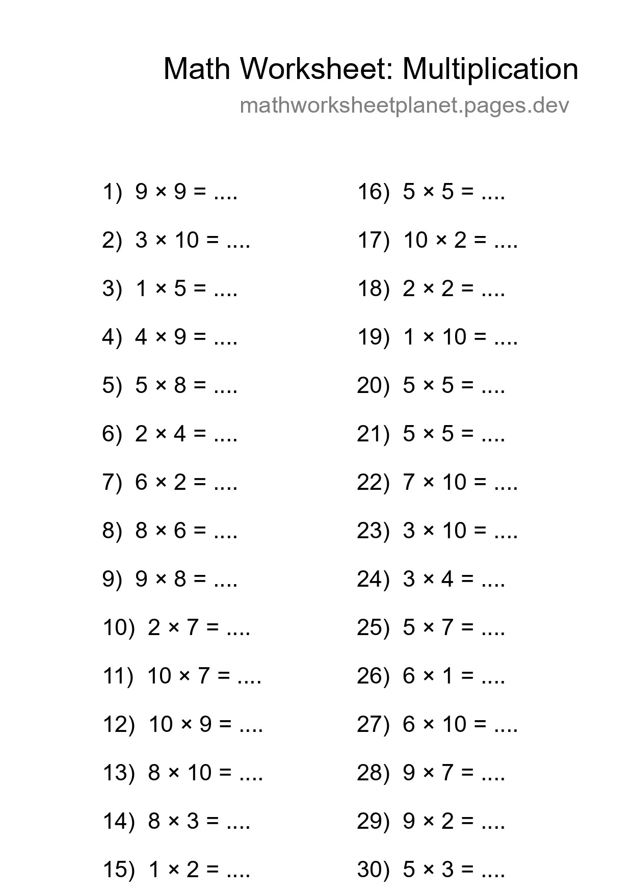 Printable Free 30 Multiplication Math Worksheet For Grade 1 - Part 247